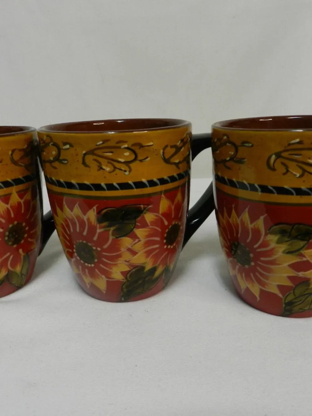 Pier 1 One Sunflower Hand painted Terracotta Mug Cup Set 3 floral Vintage